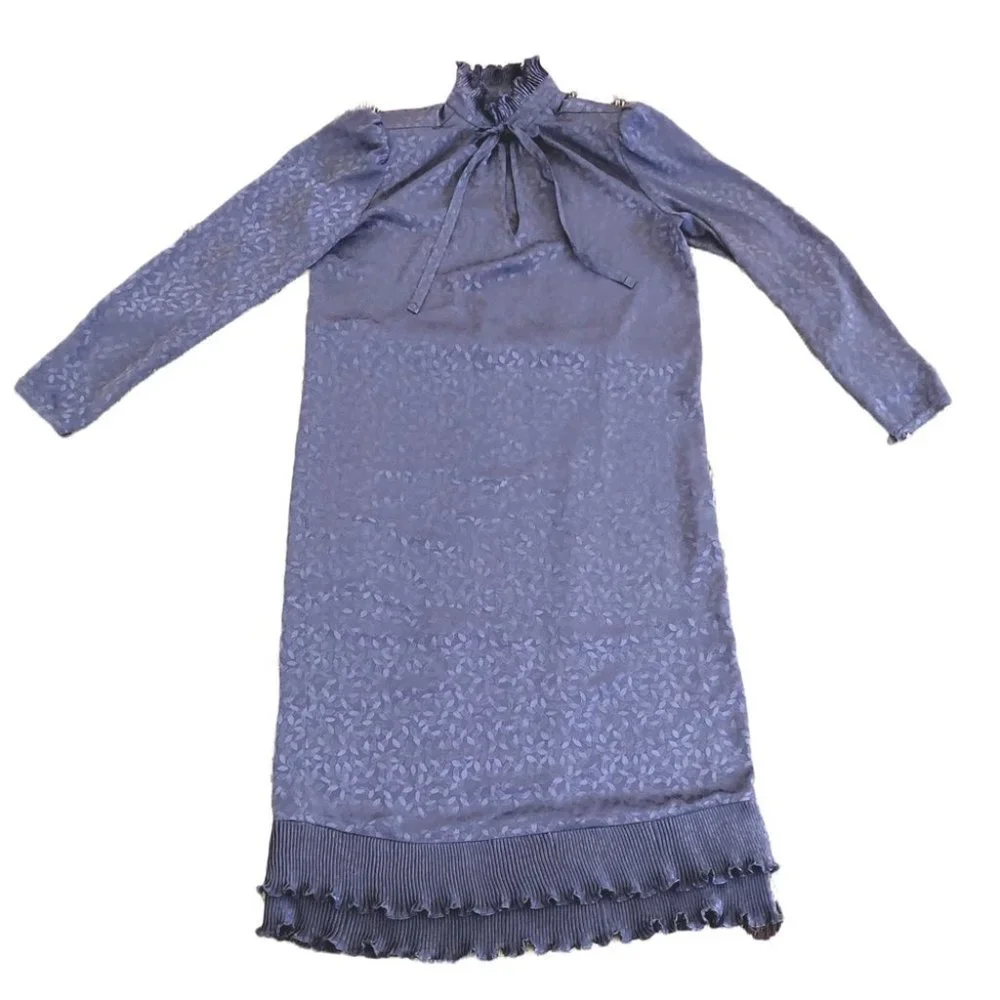 VTG 70s Iridescent Lavender Dress High Neck Ruffle Puff Sleeve Cottagecore M L - Picture 10 of 10